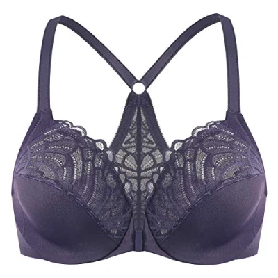 Image of MELENECA Women&#039;s Front Fastening Racerback Plus Size Stretch Lace Underwire Unlined Bras Purple 38C