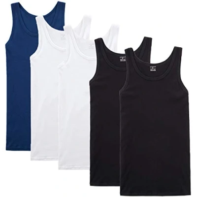 Image of NUOZA Mens Vest Tank Top 5 Pack Fine Rib Muscle Shirts Cotton Black White Blue,M
