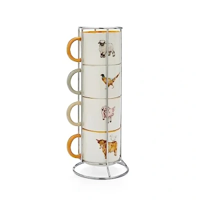 Image of Cooksmart Set of 4 Stackable Mugs British Designed Stacking For All Kitchens Modern With Lovely Designs Buttercup Farm