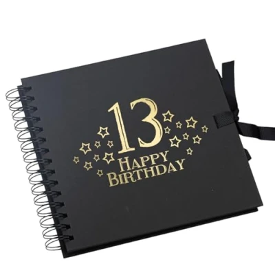 Image of 13th Birthday Black Scrapbook, Guest Book Or Photo Album with Gold Script