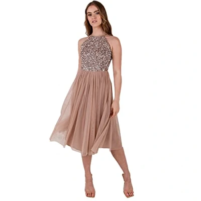 Image of Maya Deluxe Women&#039;s Ladies Midi Dress with Halter Neck Tulle for Evening Graduation Prom Wedding Bridesmaids Ball Gown, Taupe Blush, 10