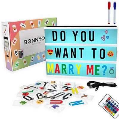 Image of BONNYCO A4 Cinema Light Box Colour Changing with 400 Letters, Symbols &amp; Emojis, Remote Control 2 Markers Led 16 Colours Intensities Programmes Up Letter Board Novelty Gifts