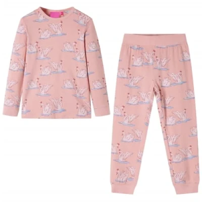 Image of vidaXL Kids&#039; Pyjamas with Long Sleeves Swan Print, Light Pink, 128 Size, Ideal Nightwear/Sleepwear for 7 8 Years Old Children