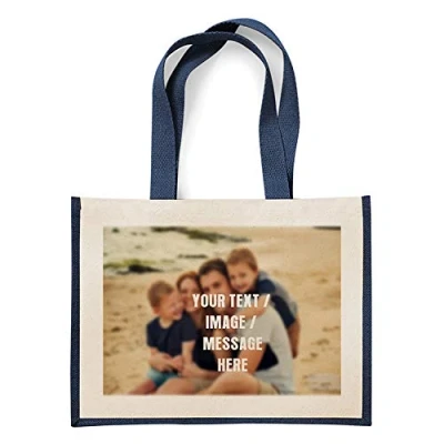 Image of Personalised with your own Image/Text/Any Name themed canvas shopping Jute Bag. (Navy Blue)