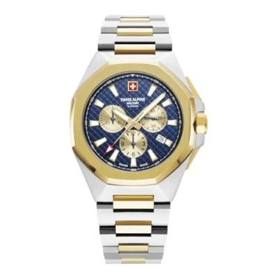 Image of Swiss Alpine Military Men&#039;s Watch Chronograph Analogue Quartz 7005.9145SAM Stainless Steel, Bic gold/Bi gold/Blue 9145sam, Bracelet
