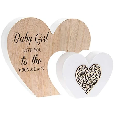 Image of The Leonardo Collection Baby Girl Love You Moon &amp; Back Wooden Heart Sentiment Plaque Ornament Gift