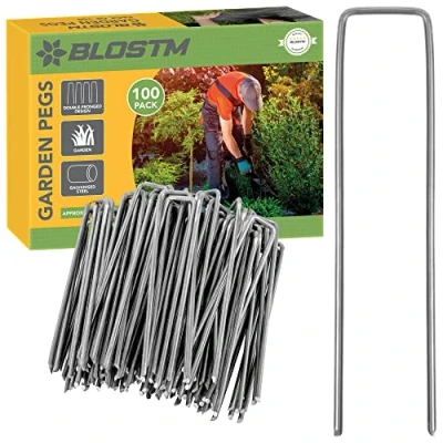 Image of BLOSTM 100 Galvanised Garden Pegs Landscape Staples U Pins Ideal For Securing Weed Matting Fabric, Netting, Fleece, Groundsheet, Polythene Sheeting, Chicken Wire, Artificial Grass 30 x 150mm