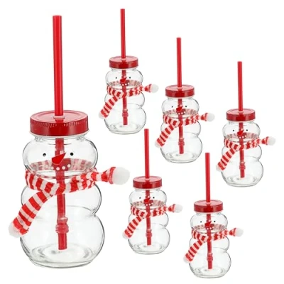 Image of Cepewa Drinking Glass Snowman Set of 6 Capacity 260 ml Diameter 7 cm Metal Plastic with Lid and Straw