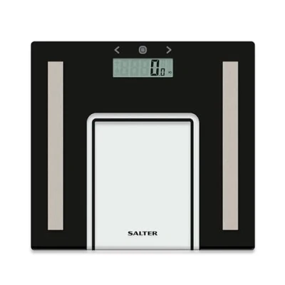 Image of Salter 9128 BK3R Analyser Bathroom Scale Glass Body Weighing Scales for Weight/Fat/Water, BMI, Digital Display, Slim Design, 8 User Memory, Athlete Mode, 180 kg Capacity, Batteries Included, Black