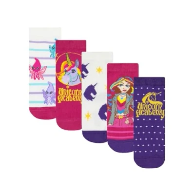 Image of Unicorn Academy Girls Socks 5 Pack Ankle Sophia and Wildstar Multipack Purple 6 8