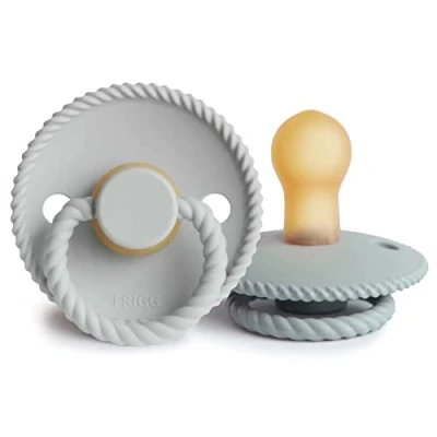 Image of FRIGG Rope Latex Pacifier Pack of 2 Natural Rubber Soother Dummy BPA Free Made in Denmark Symmetrical Cherry Shaped Nipple (French Gray/Silver Gray, Size 1 (0 6 Months))