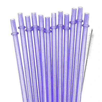 Image of SUNDEE Reusable Plastic Straws, Glitter Straws Drinking Straw Thick BPA Free Accessories, Set of 12 Pcs Colorful with Cleaning Brush Dark Purple