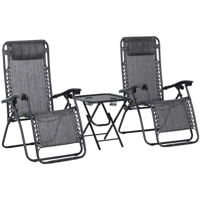 Image of Outsunny 3pcs Folding Zero Gravity Chairs Sun Lounger Table Set w/Cup Holders Reclining Garden Yard Pool, Light Grey
