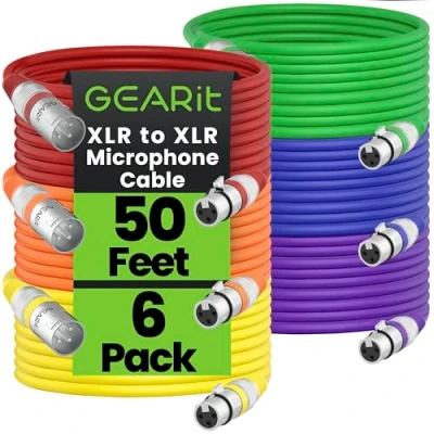 Image of GearIT XLR to Microphone Cable (50 Feet, 6 Pack) Male Female Mic 3 Pin Balanced Shielded for Mixer, Recording Studio, Podcast Multi Colored, 50Ft, Pack