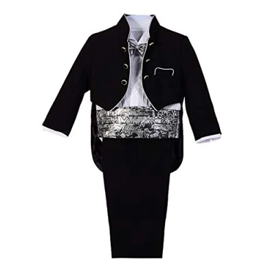 Image of Lito Angels Baby Boy Tuxedo Wedding Suits &amp; Blazers, 5 Pieces Formal Outfit Set with Silver Jacquard Cummerbund, Age 18 24 Months, Black