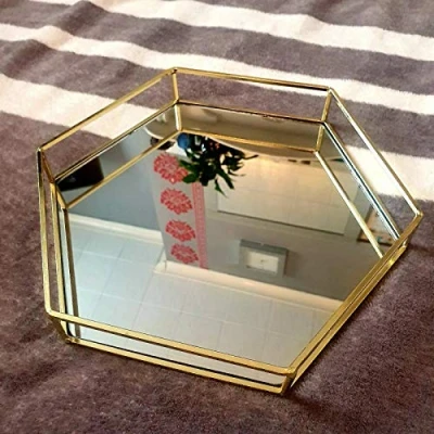 Image of DEENZ Hexagon Gold Mirror Candle Plate Tray Decorative Wedding Table Mehndi Thaal 30cm