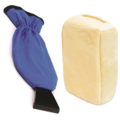 Image of Car Ice Frost Scraper Mitt Glove &amp; Small Natural Chamois Leather Window Demister Pad