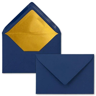Image of NEUSER PAPIER 25x envelopes B6 with gold lining 12.5 x 17.6 cm midnight blue (blue) lined metallic paper wet gluing FarbenFroh by GUSTAV