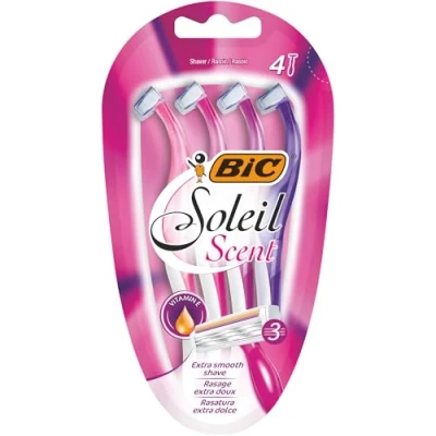 Image of BIC Soleil Scent 3 Blade Lady Razor with Lubricating Strip for a Smooth shave and Easy Grip Handle, Pack of 4