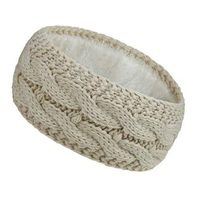 Image of Women Ear Warmer Headband Fleece Lined Winter Warm Knitted Thick Hairband Thermal Headbands Elastic Hair Wrap (Beige)