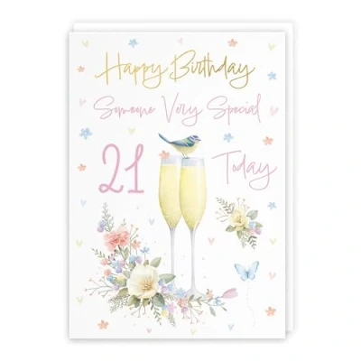 Image of Hunts England 21st Someone Special Champagne Flutes Female Birthday Card Luxury Gold Foil Milo&#039;s Gallery Age 21 Butterflies, Hearts, Flowers Pretty A5 Size