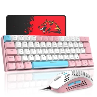 Image of T60 UK Layout 60% Mechanical Keyboard and Mouse Set, Compact 62 Keys Mini Wired Gaming 19 Rainbow Backlit + 6400DPI RGB Ultra Light PC Mice Pad For Laptop/MAC Pink/Blue Switch