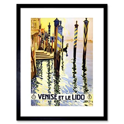 Image of Wee Blue Coo Travel Venice Italy Canal Gondola Lido Bathing Vintage Advert Art Framed Wall Print