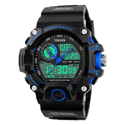 Image of TONSHEN Men&#039;s Military Sport Watches Multifunction Waterproof Analog Display Dual Dial Two Timezone Electronic 12H/24H Time Calendar Day Date 164FT 50M Water Resistant Digital Wristwatch (Blue)