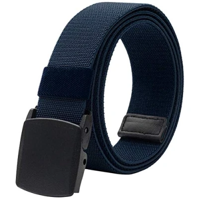 Image of LionVII Men Elastic Stretch Canvas Belt with Plastic Buckle, Breathable Braided Fabric Web Strap Adjustable for Pants Jeans Below 46 Inch (Navy Blue)(Size: L)
