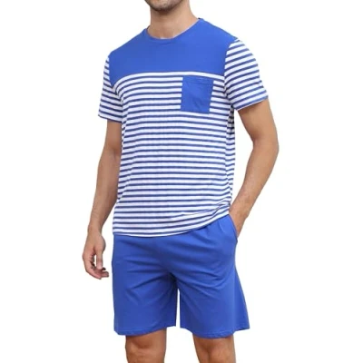 Image of Reliwel Mens Pyjamas Set Cotton Short Sleeve Striped T Shirt and Shorts 2 Piece Round Neck Summer Loungewear Sets Sleepwear Nightwear Pj&#039;s S XXL Blue