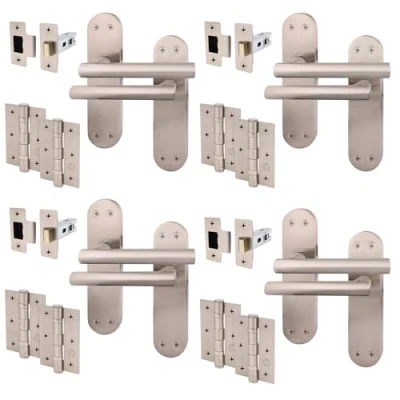 Image of EAI Satin Door Handle Latch Set 4 Pairs of Nickel Internal T Bar Handles on Backplate with Hinges (76mm) &amp; Latches (64mm) Oliena Range