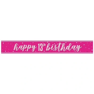 Image of Unique 82687 Foil Happy 13th Banner 2.74 m Glitz Pink Birthday Party 1 Count (Pack of 1), Multicolour