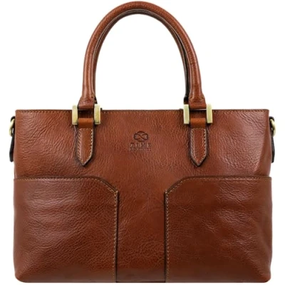 Image of Time Resistance Cognac Brown Full Grain Leather Purse for Women Handbag Top Handle Bag Tote