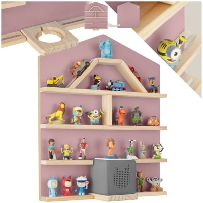 Image of TecTake® Floating Shelf for Tonies 12 Magnetic Wood Shelves in House Design, Up to 50 Tonies, Child Friendly Rounded Corners 50x15.5x60cm Storage Kids Bedroom &amp; Nursery Blue