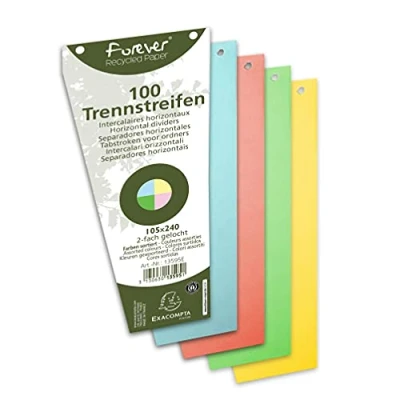 Image of Exacompta Ref 13595E Forever Collection Recycled Punched Card Dividers 105 x 240mm, Pre for Folders or Files, Plain 180gsm Assorted Colours (100 Pack)