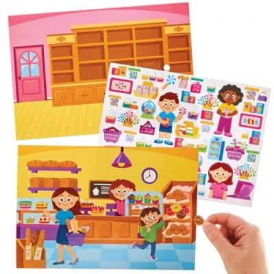 Image of Baker Ross FN091 Shop Sticker Scenes Pack of 5, Self Adhesive Stickers for Kids, Crafts Children