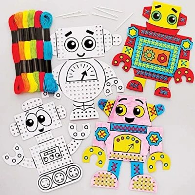 Image of Baker Ross FE410 Robot Colour in Cross Stitch Kits Pack of 6, Sewing for Beginners, Make Your Own Kids, Children