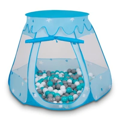 Image of Selonis Play Tent 105X90cm/200 Balls Castle House Pop Up Ballpit Plastic For Kids, Blue:White Grey Turquoise