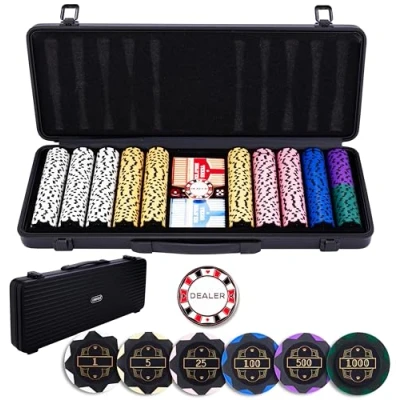 Image of Engelhart 320961 Poker Set Black Metal Case 500 14g Numbered Chips (1 to 1000) + 2 Card Games, 1 Dealer Button, 5 Dice