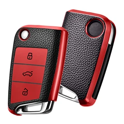 Image of OATSBASF Car Key Cover for VW Golf 7 Box/Key Case VW, Polo, Skoda, Seat, 3 Buttons (Red Leather)