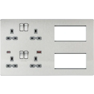 Image of KnightsBridge Screwless Combination Plate with Dual USB FASTCHARGE A+C Brushed Chrome grey insert
