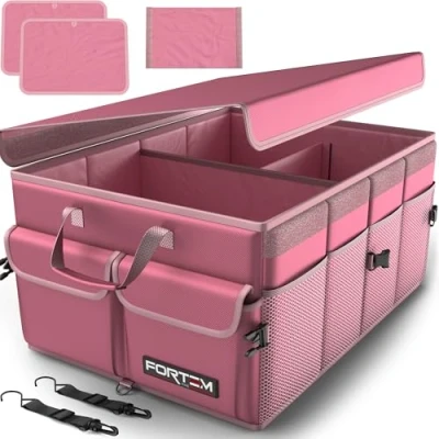 Image of FORTEM Car Boot Organiser, Storage Accessories, Collapsible Multi Compartment Tidy, Non Slip Bottom, Adjustable Securing Straps (Pink, Large)