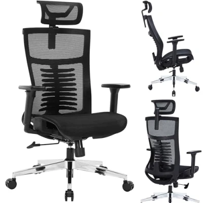 Image of Nyxi Premium Ergonomic Mesh Office Chair High Back Swivel Executive, 3D Armrests, Adjustable Headrest &amp; Lumbar Support, 3 Angle Locking Mechanism, Silver Metal Base (Mesh Seat, Black, Model 812)