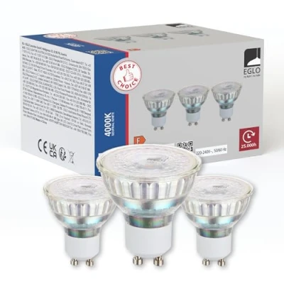 Image of Eglo Set of 3 LED Light Bulbs, GU10 Reflector Lamps, 4.5 watt Each (Equivalent to 30 watt), Neutral White Glow, 4000 Kelvin, spotlights, Ø 2&quot;