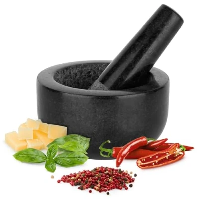 Image of H&amp;S Pestle and Mortar Set Premium Solid Granite Stone Black 12cm(4.7&quot;) Diameter