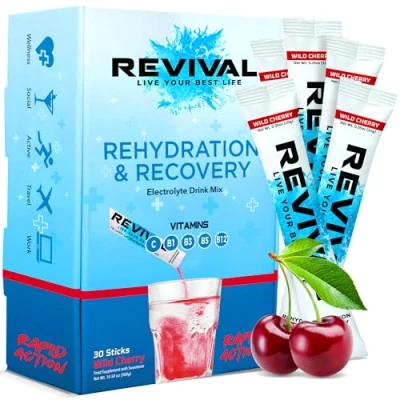 Image of Revival Rapid Rehydration Electrolytes Powder High Strength Vitamin C, B1, B3, B5, B12 Supplement Sachet Drink, Effervescent Electrolyte Hydration Tablets 30 Pack Cherry