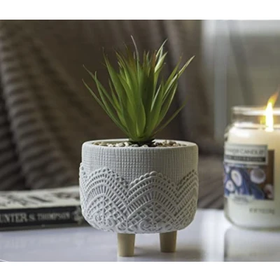 Image of HomeZone Artificial Succulent in a White Pot with Legs Faux Plant Indoor Home Decor Ornamental Decorative Freestanding Planter Fake Cacti Cactus
