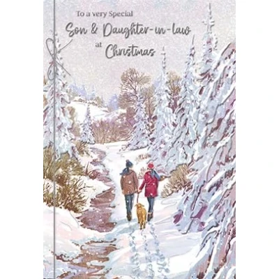 Image of Noel Tatt Special Son and Daughter in Law Christmas Card Snowy Dog Walk Embossed with Foil Ribbon Embellishment Eco Friendly Recyclable
