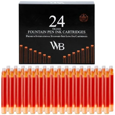 Image of Wordsworth &amp; Black 24 Pack Fountain Pen Ink Refills Set of Orange Cartridges International Standard Size Length APPR 1.5&quot; Base Diameter 0.24&quot; Disposable and Generic