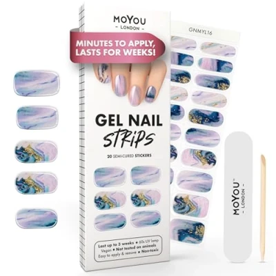 Image of MOYOU LONDON Semi Cured Gel Nail Strips 20 Pcs. Wraps for Salon Quality Manicure Works with Any UV Lamp Easy to Apply, Trim, &amp; Remove Stickers